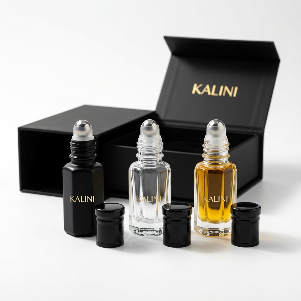 KALINI essential oil roll-on bottles with black caps and presentation boxes