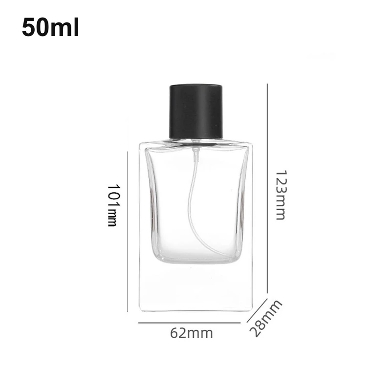 50ml Wide Square Black-Cap Perfume Bottle with dimensions