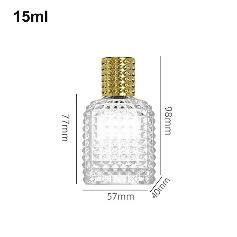 15ml Studded Rounded-Square Gold-Cap Perfume Bottle with dimensions