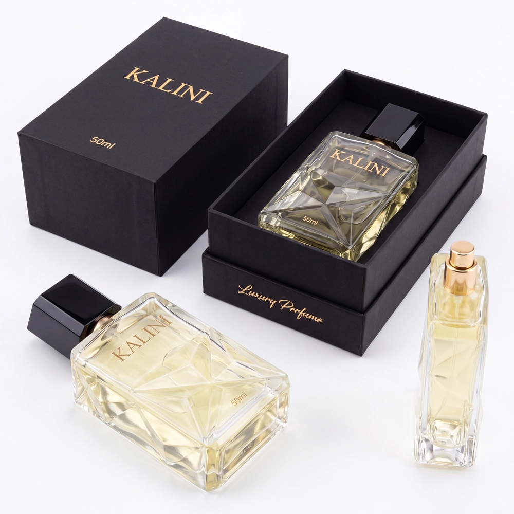 Private-label 50ml perfume bottle packaging reference with a fitted insert and rigid presentation box